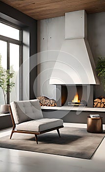 An accent chair against a white wall with a fireplace. Loft interior design of a modern living room.