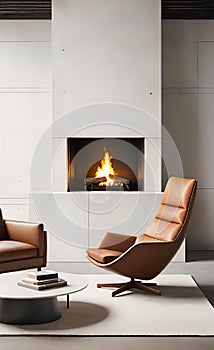 An accent chair against a white wall with a fireplace. Loft interior design of a modern living room.