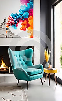 An accent chair against a white wall with a fireplace. Loft interior design of a modern living room.