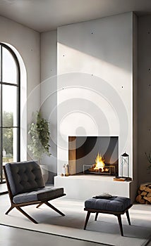 An accent chair against a white wall with a fireplace. Loft interior design of a modern living room.