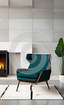 An accent chair against a white wall with a fireplace. Loft interior design of a modern living room.