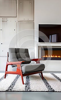 An accent chair against a white wall with a fireplace. Loft interior design of a modern living room.