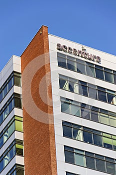 Accenture global professional services company logo on Czech headquarters building