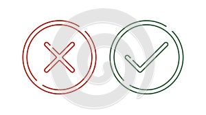 Accept aprove and reject icons. Outline circle button. Check tick cross mark symbol. Checkmark yes ok confirm wrong sign