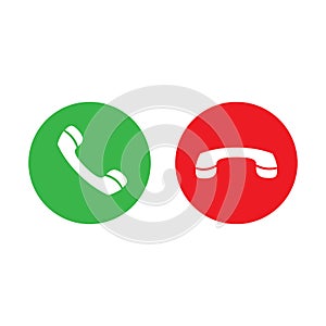 Accept call and decline phone icons. Green and red buttons with handset. Vector symbol set isolated on white background