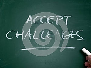 Accept challenges, word text written on chalkboard, motivational inspirational quote