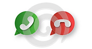 Accept and decline Green and red phone handset in chat bubble icon paper cut style on white background Calling and disconnection