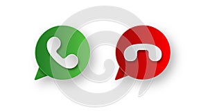 Accept and decline Green and red phone handset in chat bubble icon paper cut style on white background Calling and disconnection