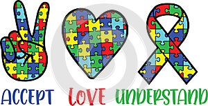 Accept love understand, autism awareness, autism puzzle, proud autism, autism day, vector illustration file