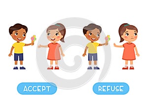 Accept and refuse antonyms word card vector template, Opposites concept.