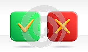 Accept and reject vector 3d render buttons. Tick check and cross marks on green and red app icon backgrounds. Rounded