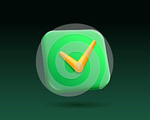 Accept tick check mark vector 3d render button. Green gradient app icon background. Perspective rounded rectangle shape