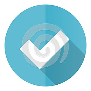 Accept vector icon, flat design blue round web button isolated on white background