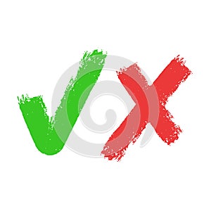 Acceptance and rejection symbol vector buttons for vote, election choice. Brush stroke borders. Symbolic OK and X icon isolated on