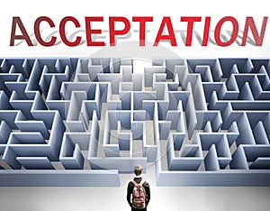 Acceptation can be hard to get - pictured as a word Acceptation and a maze to symbolize that there is a long and difficult path to