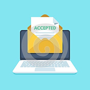 Accepted email in envelope. College acceptance success or university admission letter. Mail in laptop inbox vector