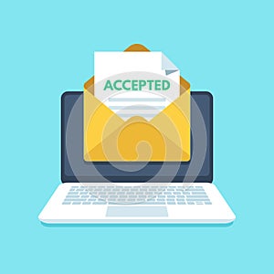 Accepted email in envelope. College acceptance success or university admission letter. Mail in laptop inbox vector photo