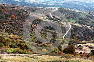 The acces road over the hills to Siria Medieval Fortress in Arad County, Romania. photo