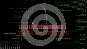 Access denied data protected, unsuccessful hacking attempt on server, failure