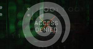 Access denied text and microprocessor connections against close up of a computer server