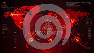 Access granted alert warning attack on screen world map loop motion.