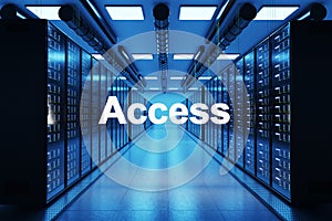 Access logo in large modern data center with multiple rows of network internet server racks, 3D Illustration