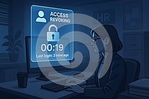 Access revoking process illustration depicting a person at a computer concerned about cyber security breaches and data privacy