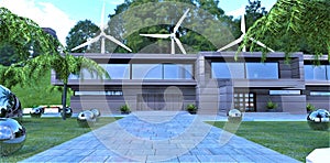 Access road to the garage of a house in the near future. Energy storage steel balls on the sides. Silent wind turbines in the