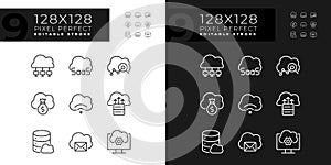 Access to data on cloud pixel perfect linear icons set for dark, light mode