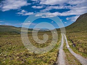 An access track winds through Glen Meavaig, home of the North Harris Eagle Observatory in the Outer Hebrides, Scotland, UK