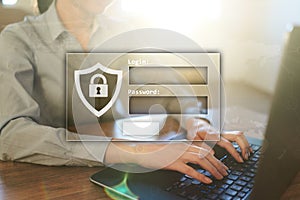 Access windows with login and password. Cybersecurity and data protection concept on virtual screen. photo