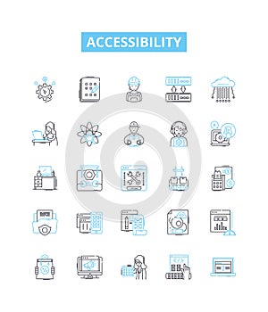 Accessibility vector line icons set. Accessible, Ease, Mobility, Aids, Adaptability, Permeability, Usability