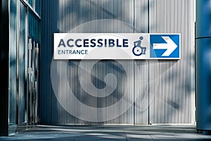 Accessible Entrance Sign at Exterior Building for Wheelchair and Handicap Person. Architecture Design to Service as Privileges for