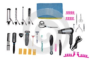 Accessories for aesthetic care and hairstyle on white background
