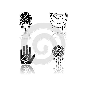 Accessories in boho style drop shadow black glyph icons set. Palmistry, witchcraft and esoteric amulets. Dreamcatcher