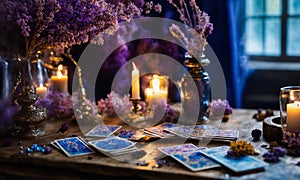 Accessories and candles for fortune telling on the table. Selective focus.