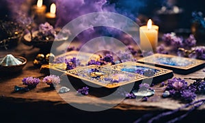 Accessories and candles for fortune telling on the table. Selective focus.