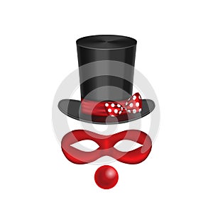 Accessories for clown - hat, mask, red nose are isolated on whit