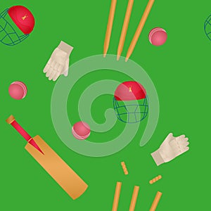 Accessories for cricket. Helmet, bat, gate, ball on a green background. Seamless vector pattern