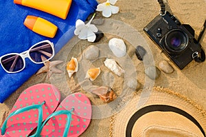 Accessories custume for summer on sand floor. photo