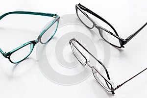 Accessories for eyes. Glasses with transparent lenses and different frames on white background