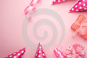 Accessories for girls on a pink background. Invitation, birthday, girlhood party, baby shower concept, celebration. Banner for let