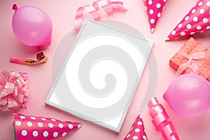 Accessories for girls on a pink background. Invitation, birthday, girlhood party, baby shower concept, celebration. With frame for