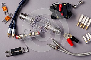 accessories for installing car audio components. Light background.