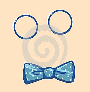 Accessories, isolated. Vector glasses, polka dot bow tie.