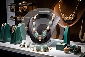 accessories and jewelry display at upscale boutique, with necklace and earring combos