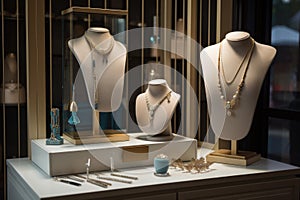 accessories and jewelry display at upscale boutique, with necklace and earring combos