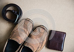 Accessories men`s fashion on wood texture.