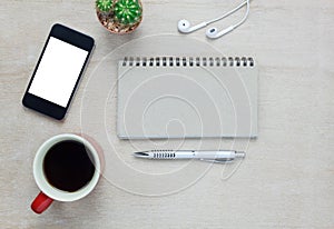 Accessories office desk the mobile phone,note paper,pen