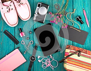 accessories, shoes, tablet pc, camera, bag, note pad, watch, headphones, blackboard and essentials